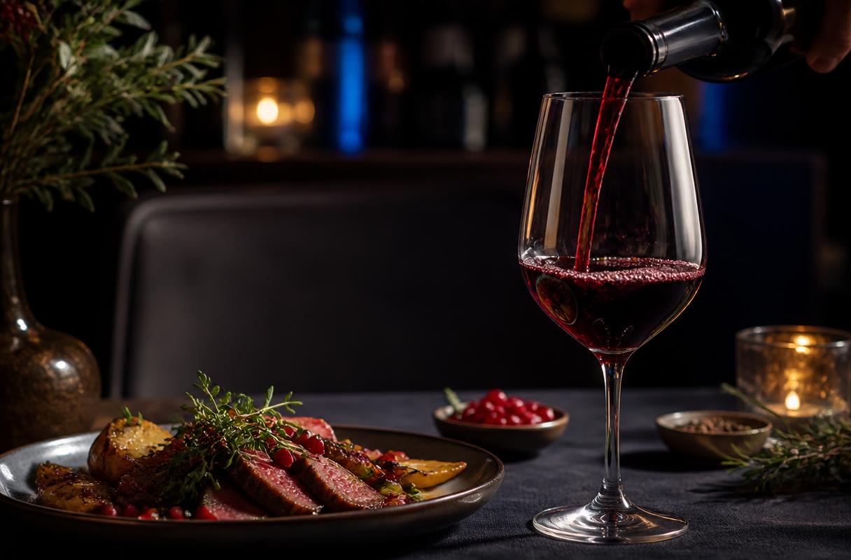 Kerstmenu upselling closeup van wijnarrangement bij een feestelijk gerecht op donker linnen