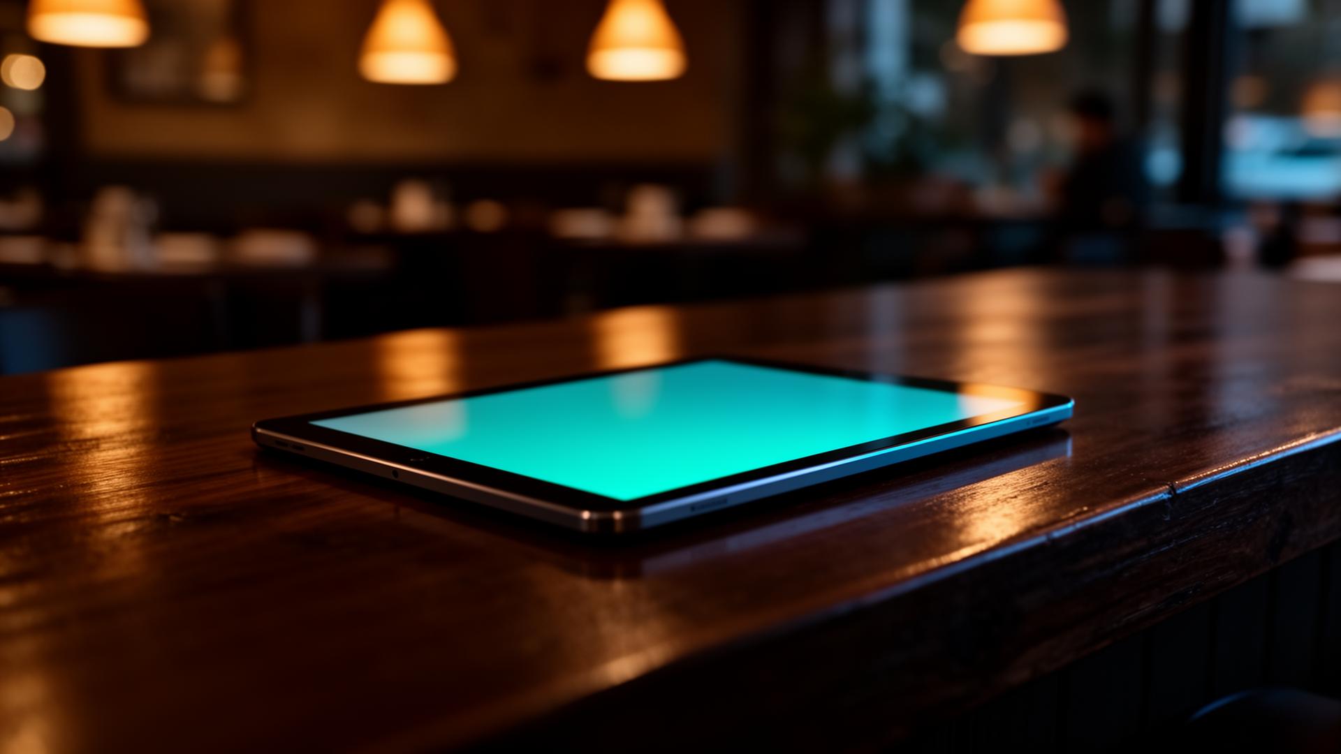 AI horeca klachtenafhandeling professioneel: restaurantmanager bekijkt klachtdossier op tablet in dark restaurant met warm pendant licht
