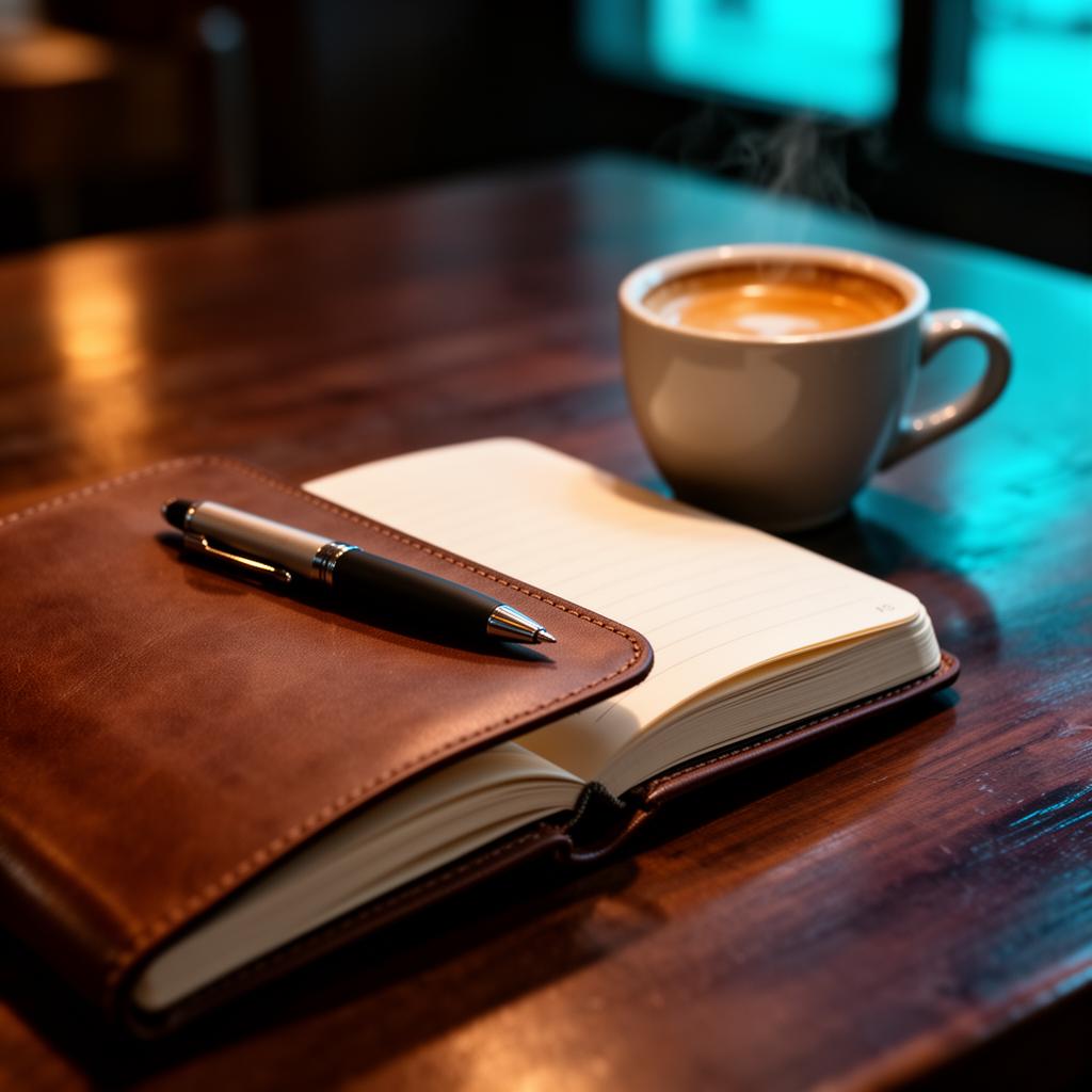 AI horeca klachtenafhandeling professioneel werkproces: open notitieboek met escalatieflow naast koffiekop op dark restaurant tafel