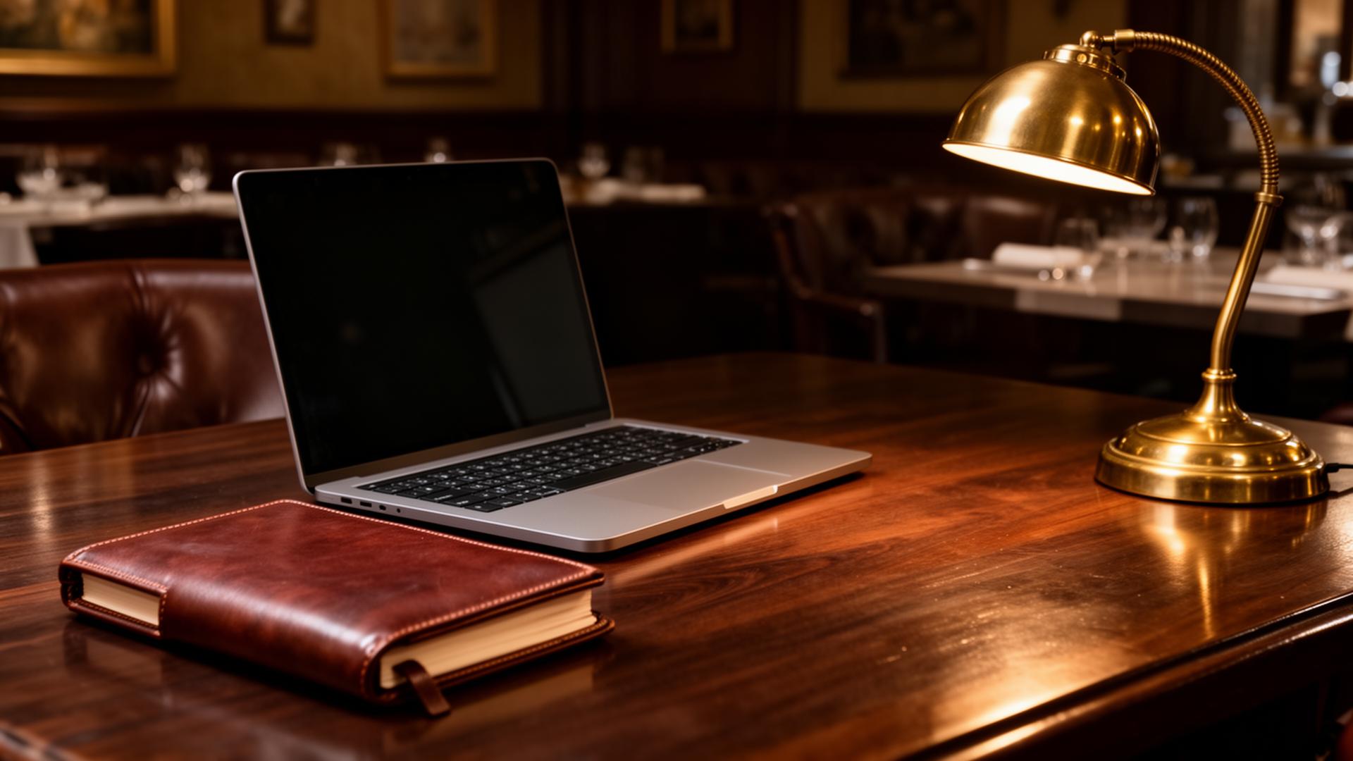AI klantenservice aanbieders horeca vergelijken bureau met notitieblok en open laptop bij koperen lamp