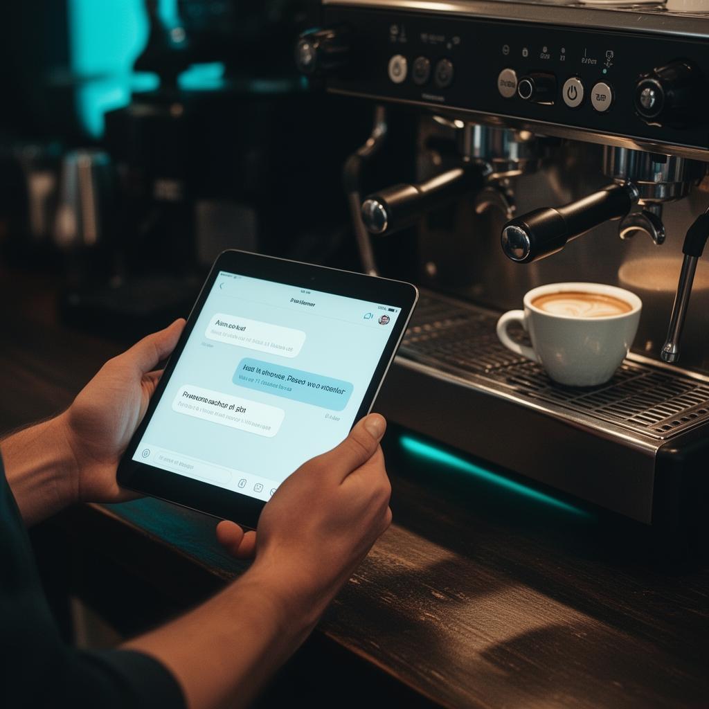 Cinematische close-up van tablet met chatgesprek naast espressomachine, voor AI klantenservice horeca via webchat