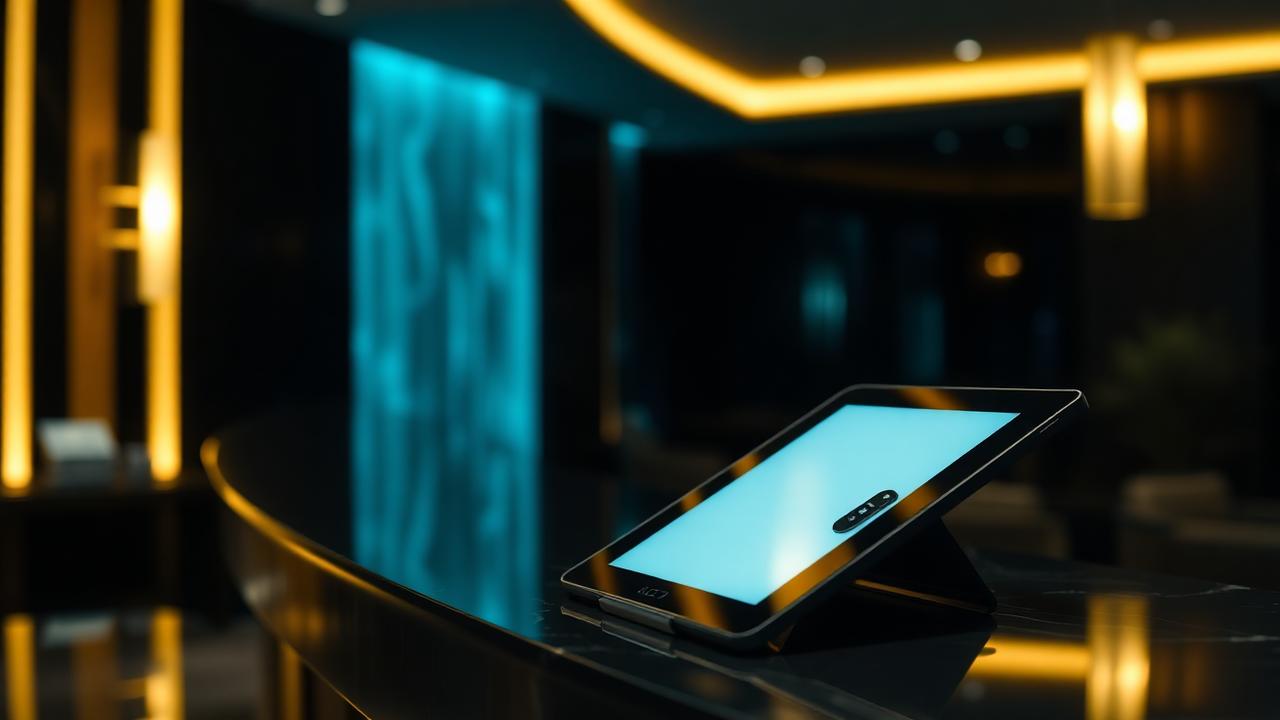 Cinematische close-up van luxe hotelreceptie met tablet en sleutelkaart voor AI klantenservice hotel bezetting