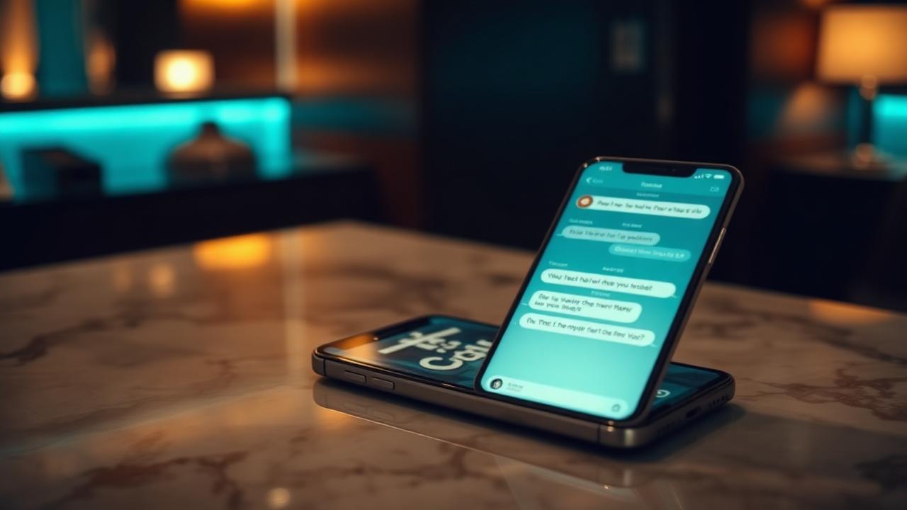 Cinematische close-up van smartphone met chatgesprek naast hotelsleutelkaart voor AI klantenservice hotel bezetting