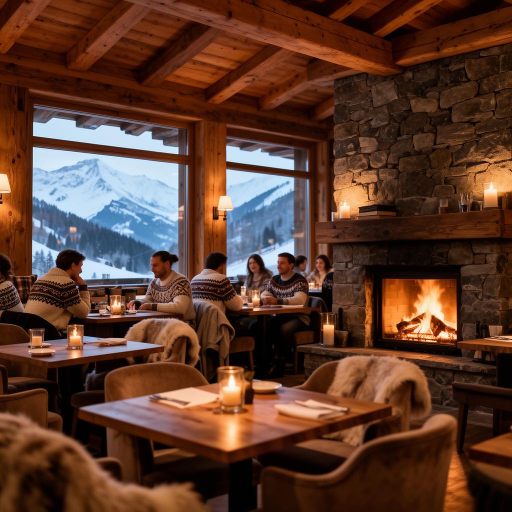 AI klantenservice wintersporthotel gezellig alpenrestaurant met besneeuwde bergen