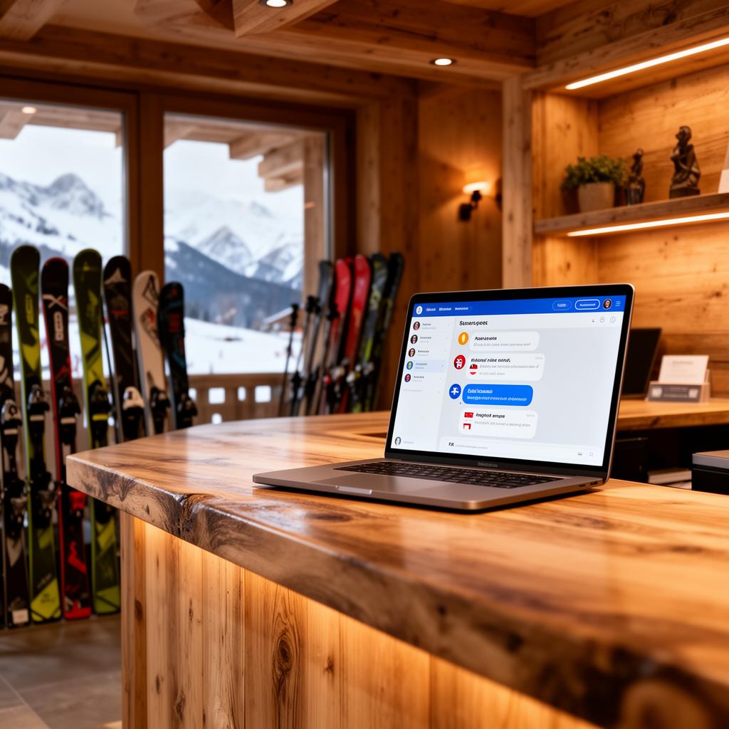 AI klantenservice wintersporthotel laptop met meertalige chat op houten receptie