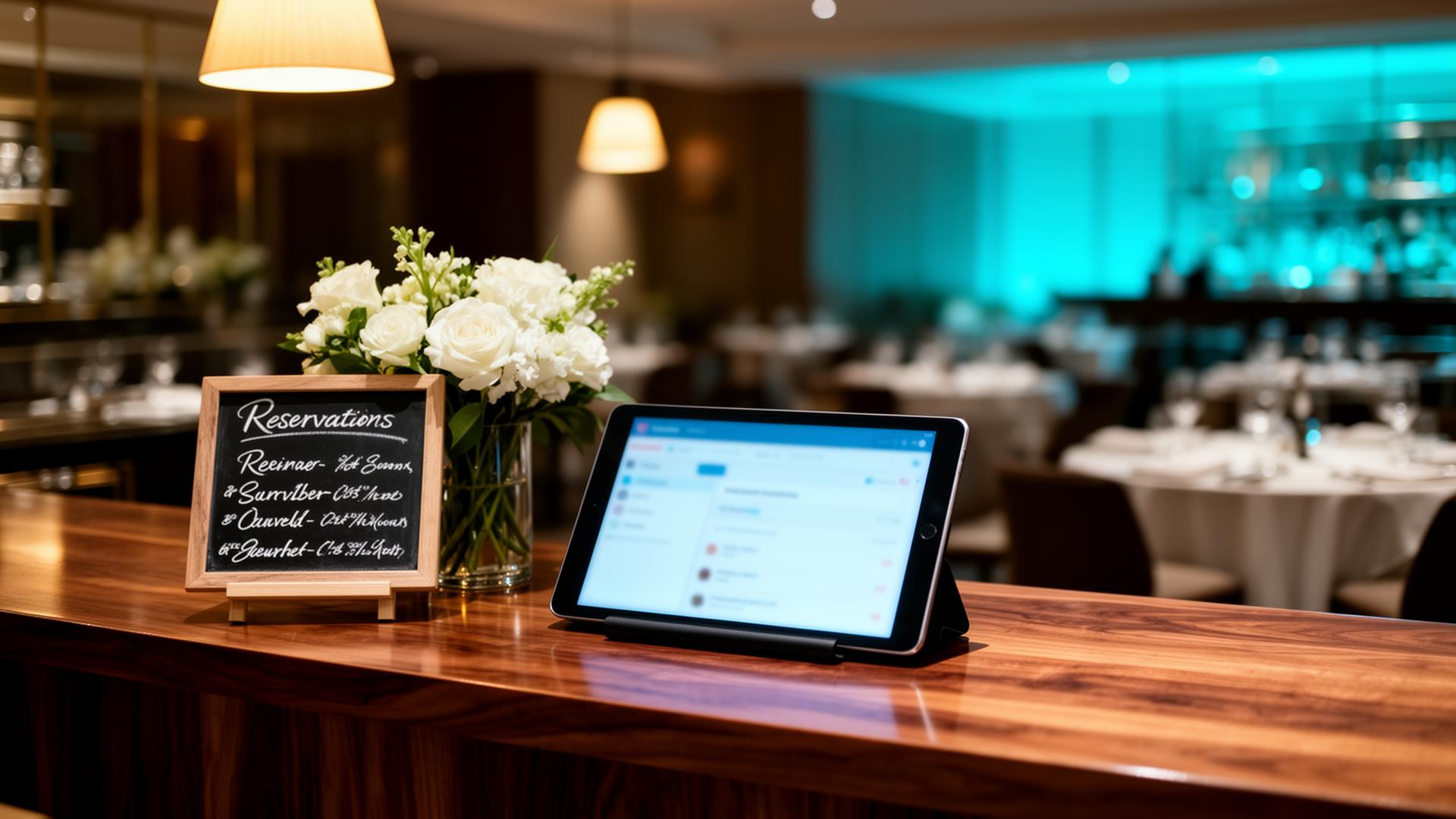 AI klantprofiel horeca cinematic host stand met tablet en chalkboard reserveringen
