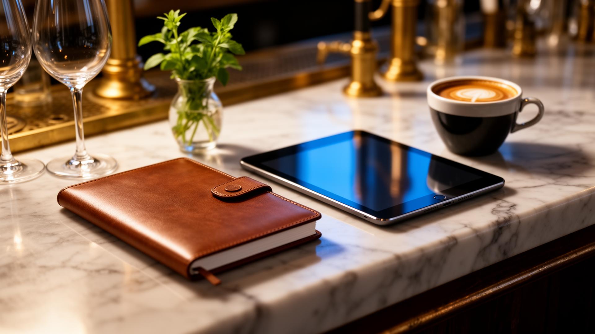 AI klantprofiel horeca closeup van leren gastenboek en tablet op marmeren bar