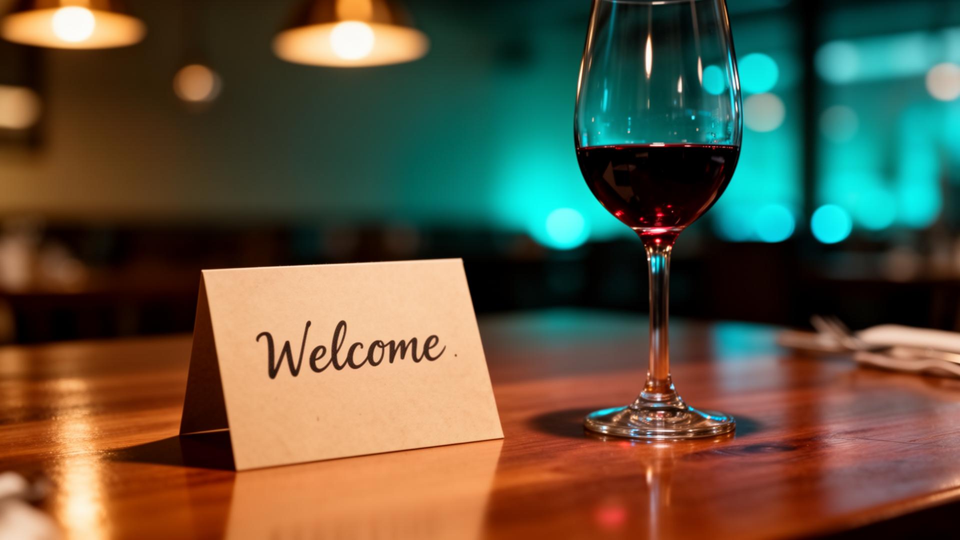 AI klantprofielen horeca personalisatie: restaurant tafel met persoonlijk welkomstkaartje en glas wijn in cinematisch warm pendant licht