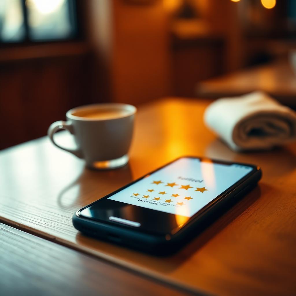 AI horeca klanttevredenheid meten smartphone met smiley-rating op restauranttafel met warm cinematisch licht en bokeh