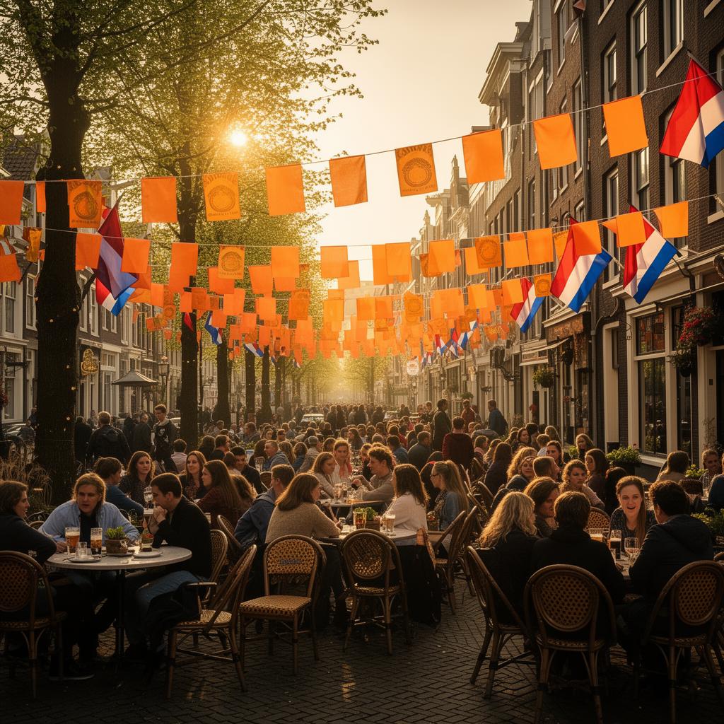 AI Koningsdag horeca communicatie 2026 vol terras met oranje vlaggen