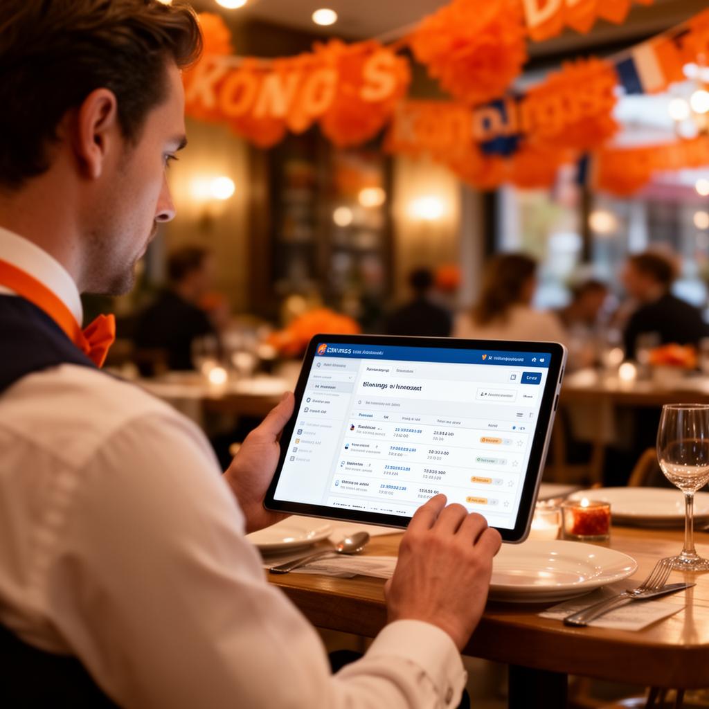 AI Koningsdag horeca communicatie 2026 manager met tablet en reserveringsdashboard
