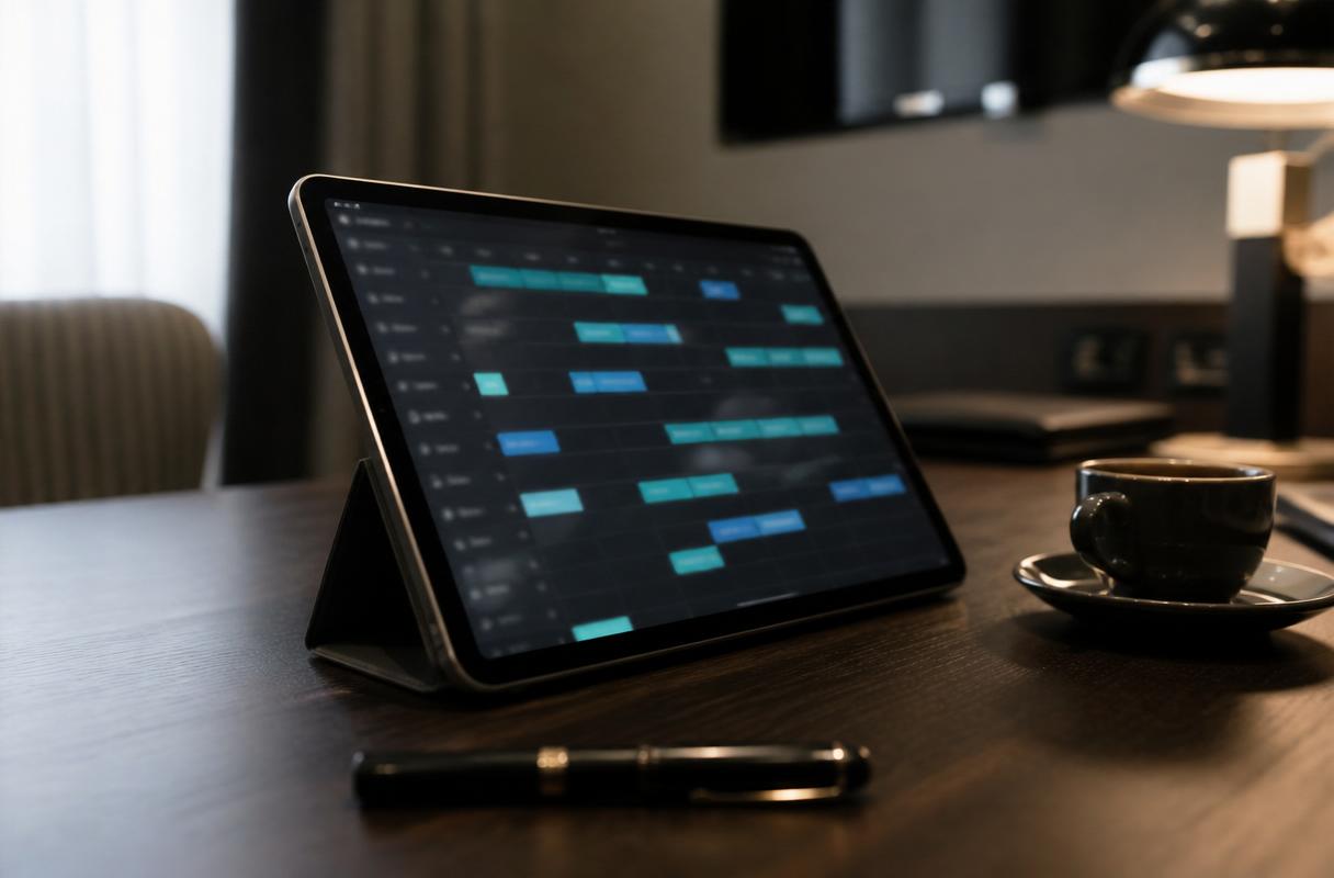 AI koppeling Booking.com horeca tablet met geblurde reserveringskalender op donkere walnoot hotel desk