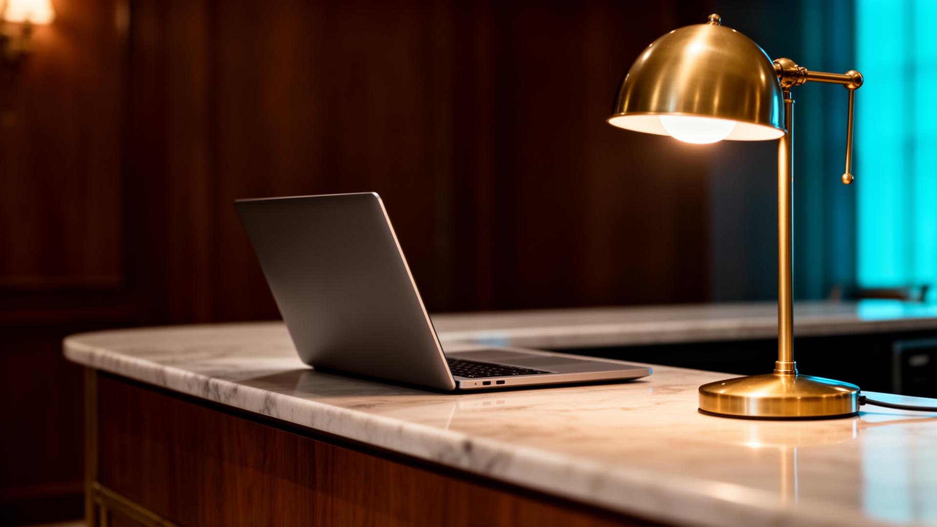 AI chatbot koppelen aan PMS hotelreceptie met laptop en zachte werklamp in warm licht
