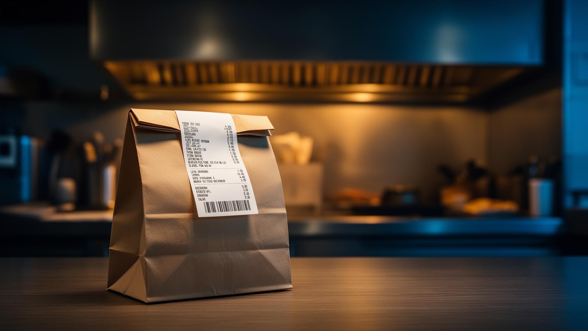 AI koppeling Thuisbezorgd Uber Eats afhaalzak met bonnetje op donkere keukenwerkbank in restaurant