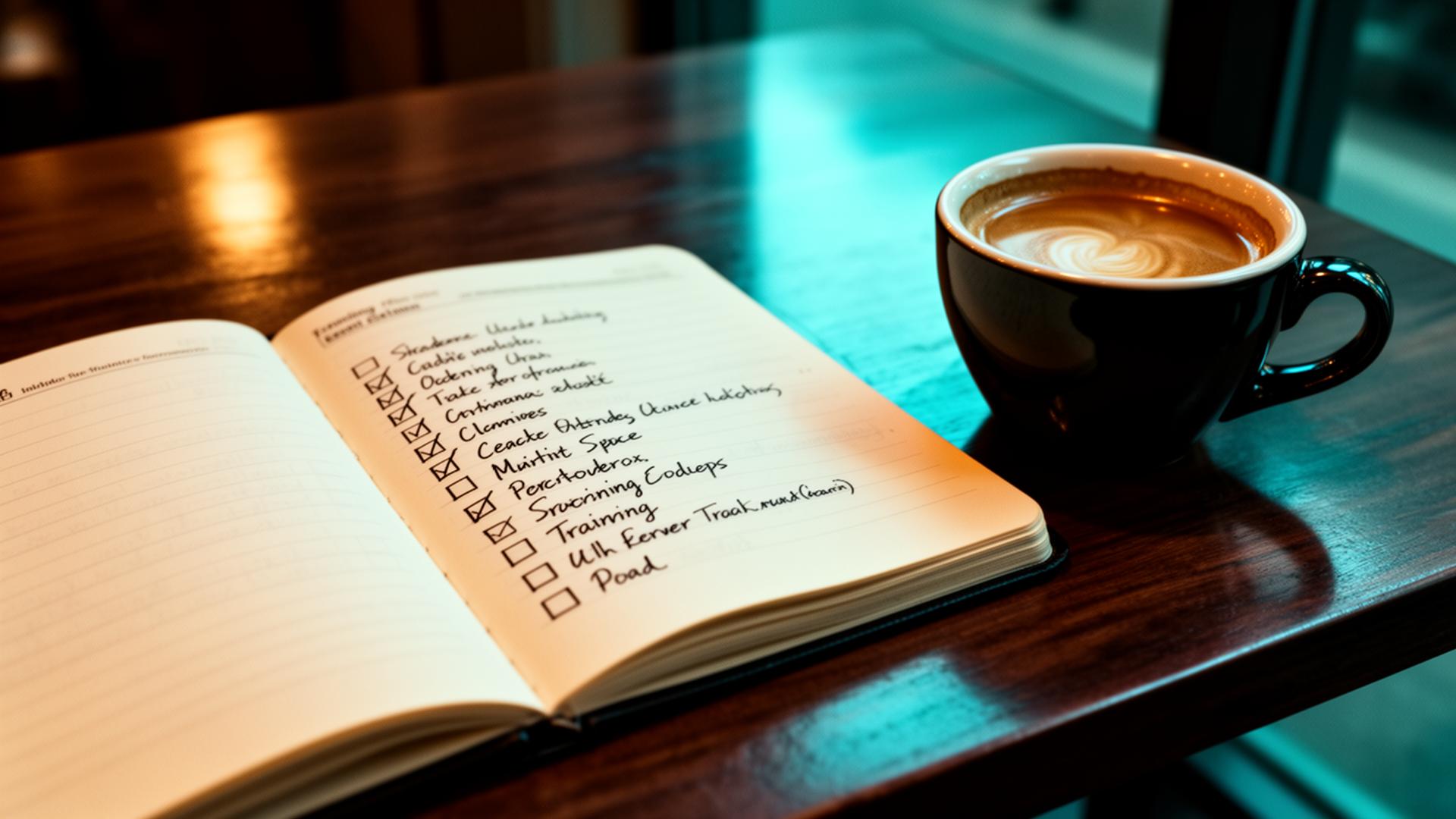 AI leermateriaal horecateams trainingsboek en koffie op donkere houten restauranttafel met warm licht