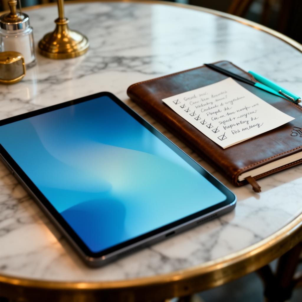 Tablet en notitieboek met checklist op marmeren tafel in modern restaurant tijdens ochtendlicht