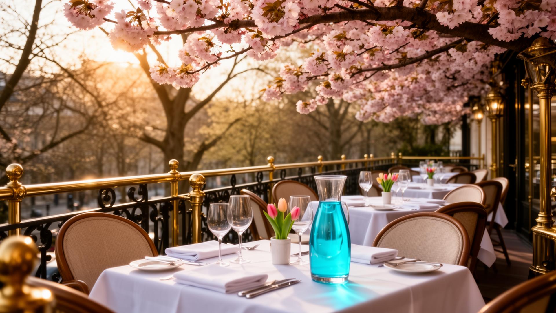 AI lentecampagne horeca 2026 cinematic terras met bloesem en gedekte tafels