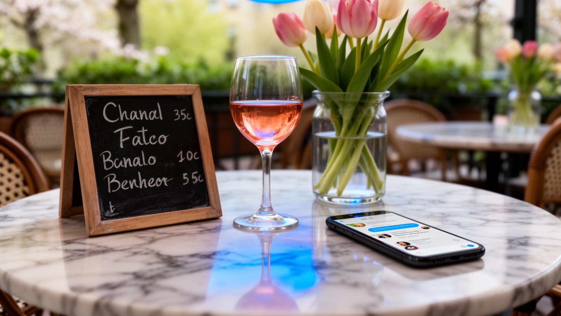 AI lentecampagne horeca closeup van marmeren cafe tafel met tulpen en smartphone