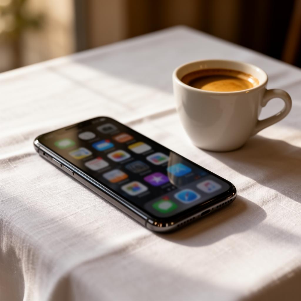 AI loyaliteitsprogramma horeca smartphone met blurred app op witte tafelloper en espresso
