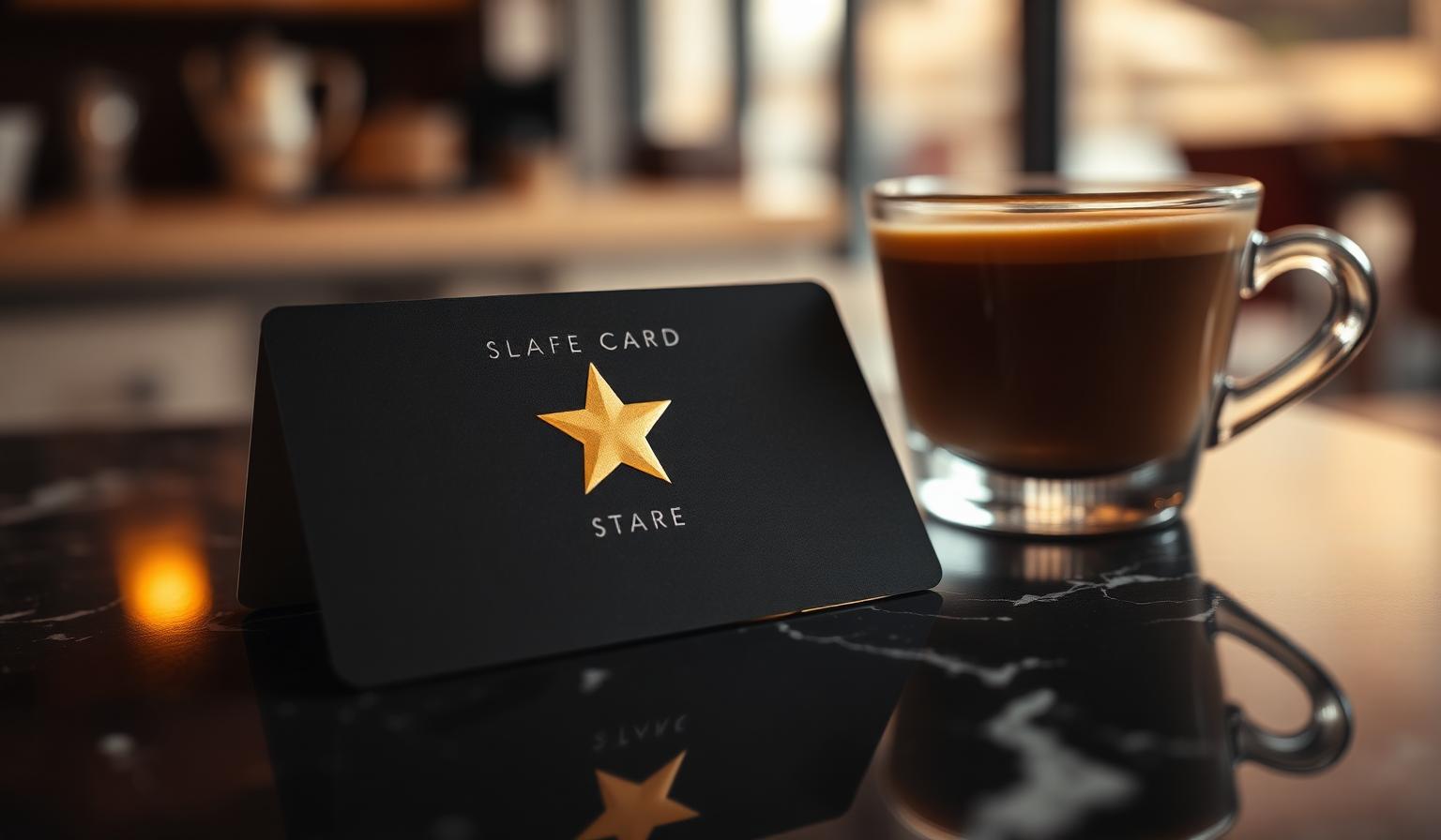 Cinematische close-up van elegant zwart loyalty kaartje met gouden ster op donker marmer naast espressokopje, illustratie AI loyalty programma horeca