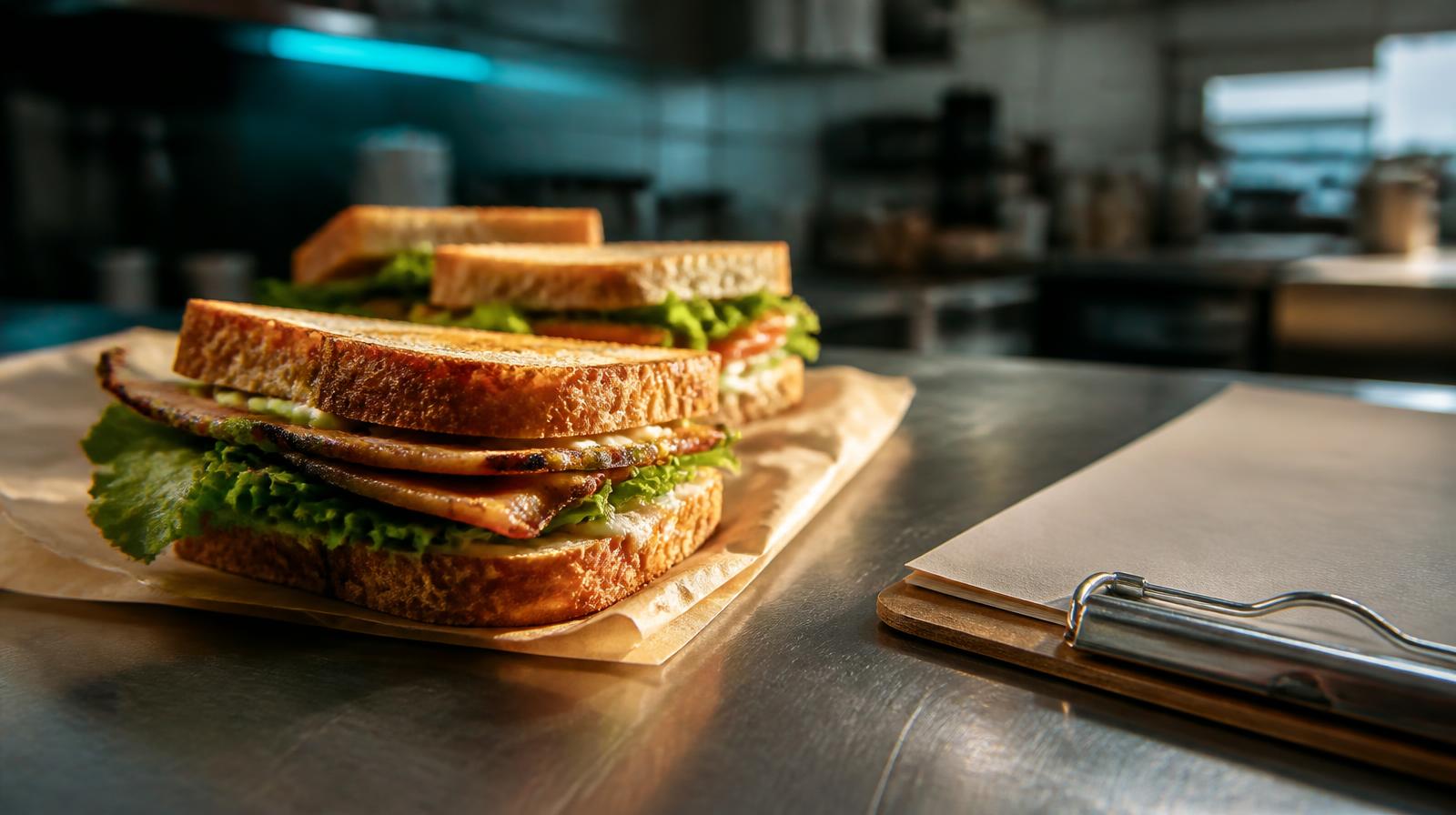 AI voor lunchrooms closeup van belegde broodjes en bestellijst op een donkere toonbank