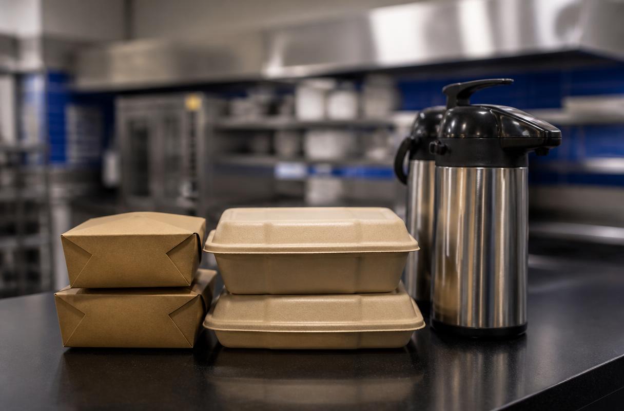 Kantinecatering closeup van cateringdozen en koffiekan op een donkere werkbank