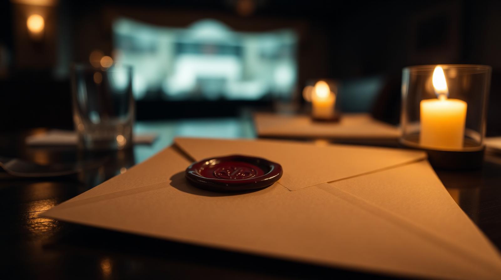Cinematische close-up van enveloppe met lakzegel op donkere restauranttafel, illustratie AI marketing automation horeca