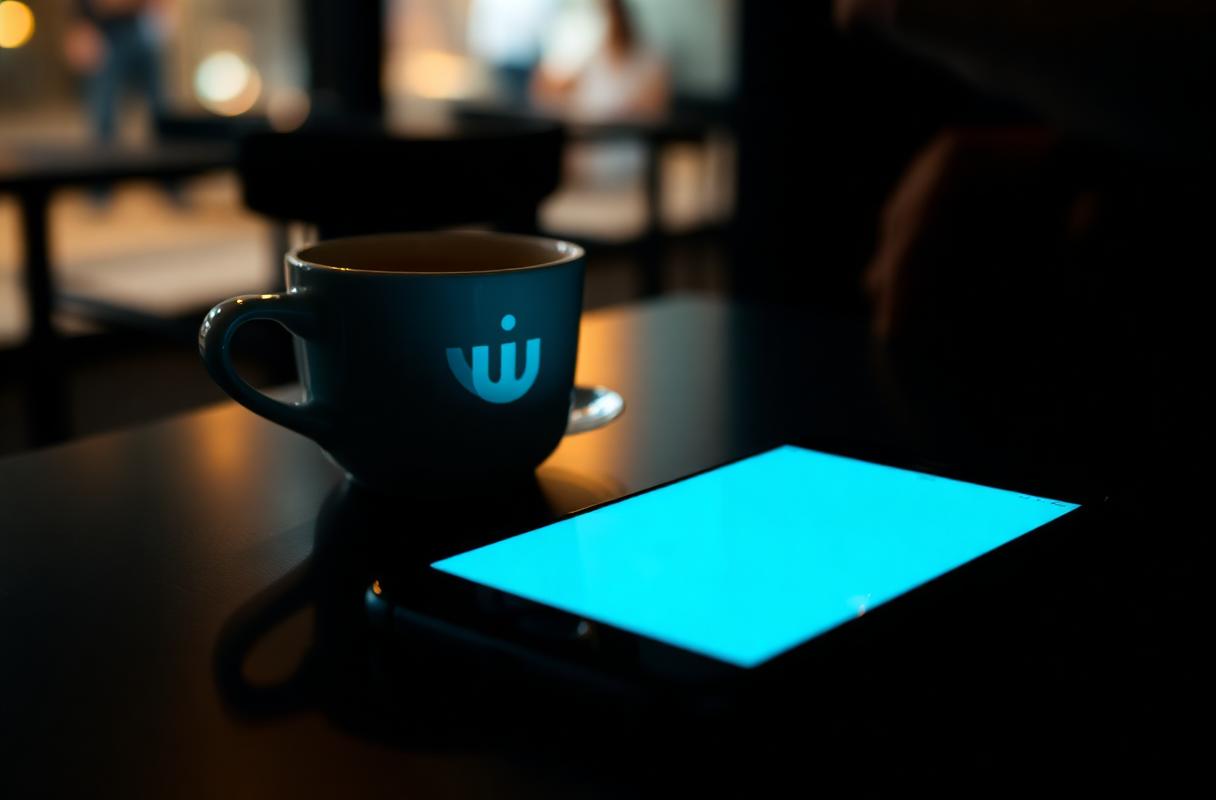 Cinematische close-up van smartphone naast espressokopje in donker cafe, illustratie AI marketing automation horeca
