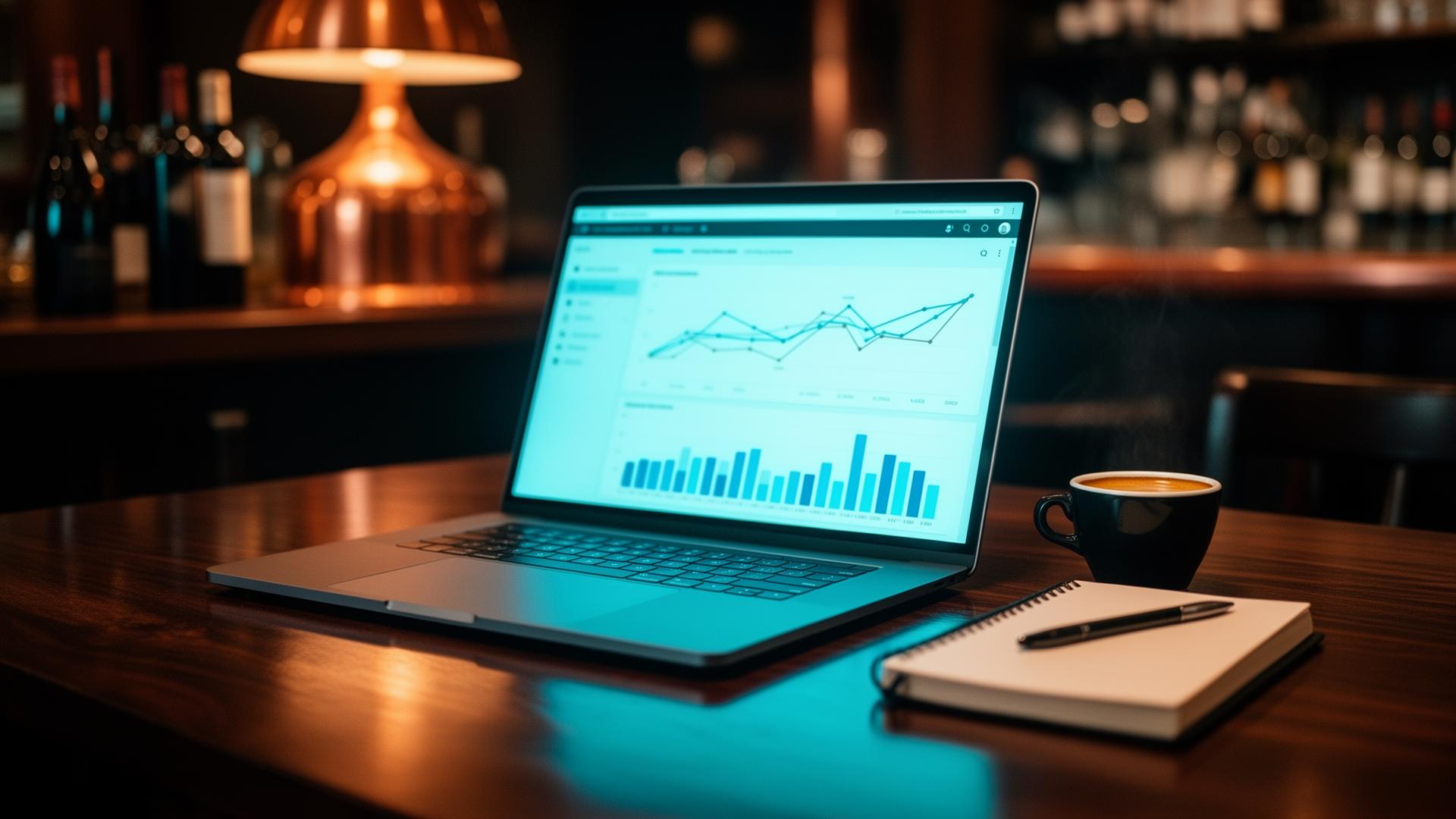 AI marketing automatisering ROI meten horeca cinematic closeup van laptopdashboard met grafieken op restauranttafel