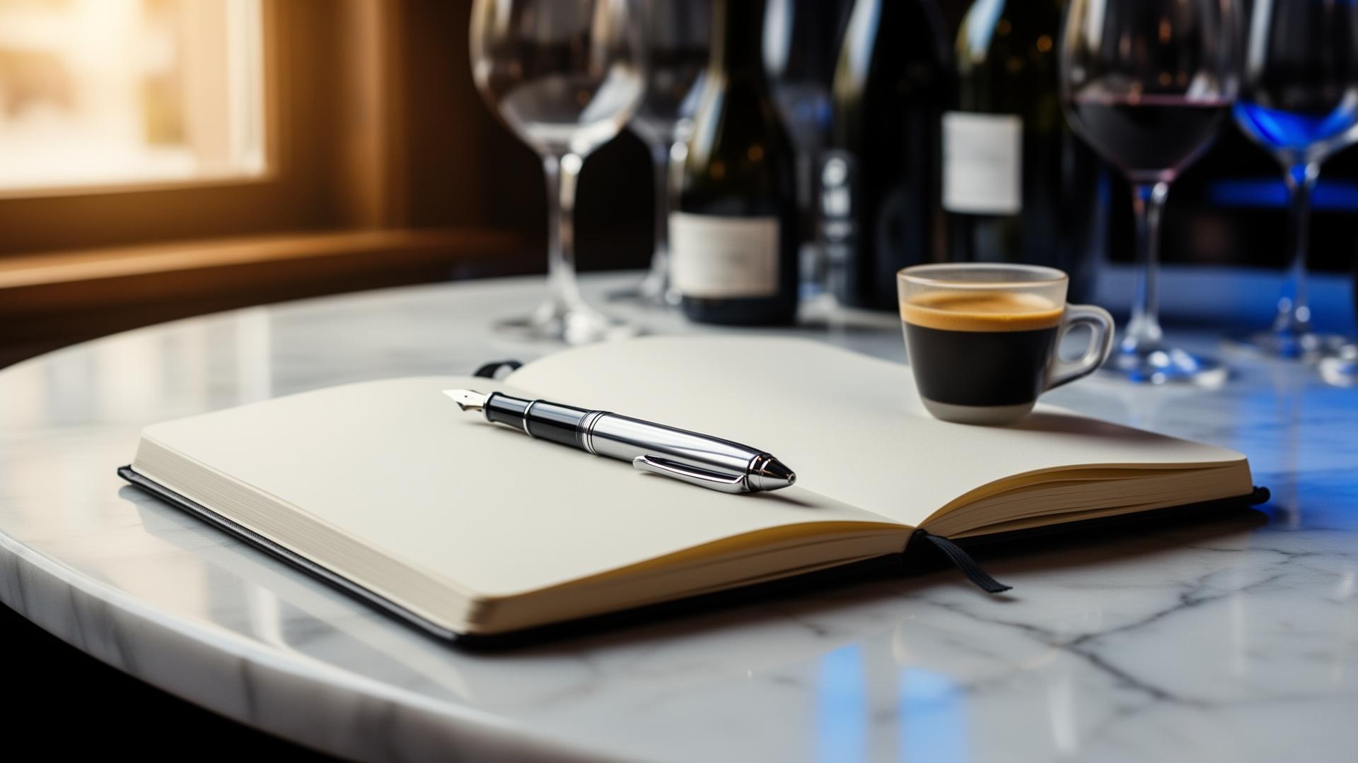 AI marketing automatisering ROI meten horeca closeup van notitieboek met handgeschreven KPI lijst en pen op marmer