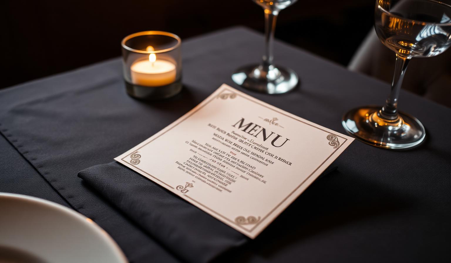 Cinematische close-up van elegant menukaart op donker linnen tafelkleed met wijnglas en kaars, illustratie AI menu engineering restaurant