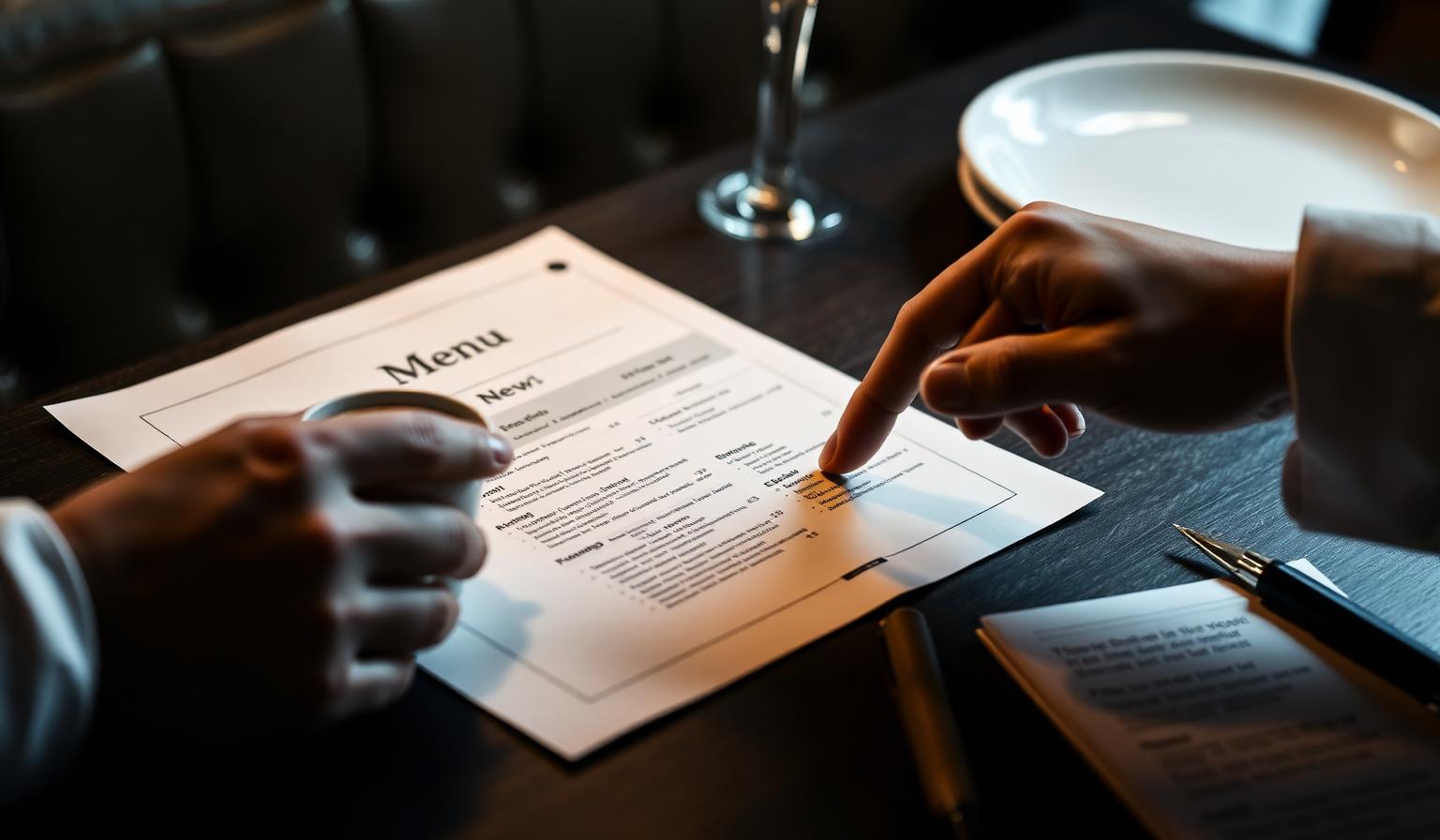 Cinematische close-up van handen die menu analyseren met espresso en notities op donker restauranttafel, illustratie AI menu engineering restaurant