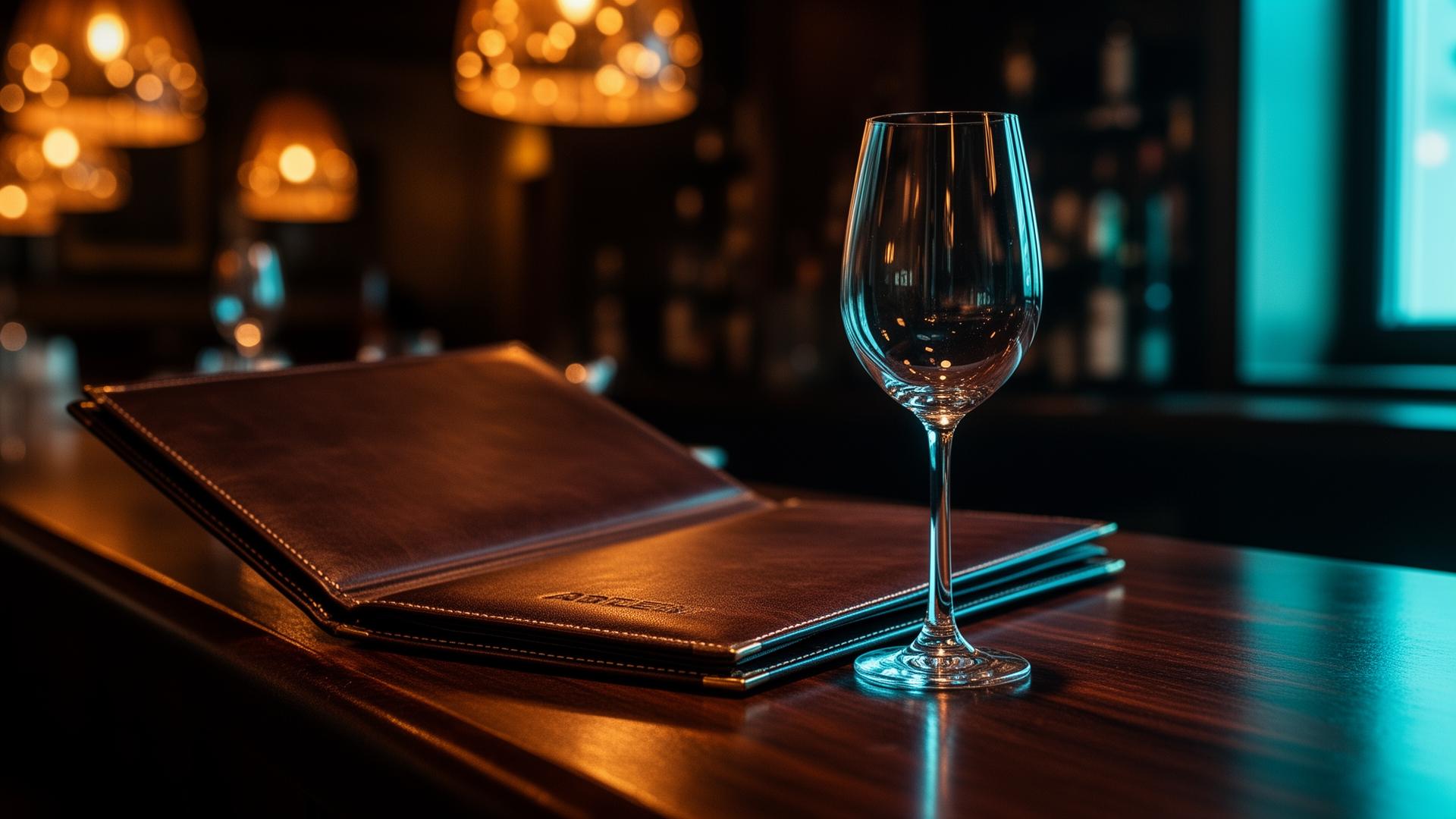 AI menu personalisatie: cinematische close-up van menukaart en wijnglas op donker bartoog met warme lampen