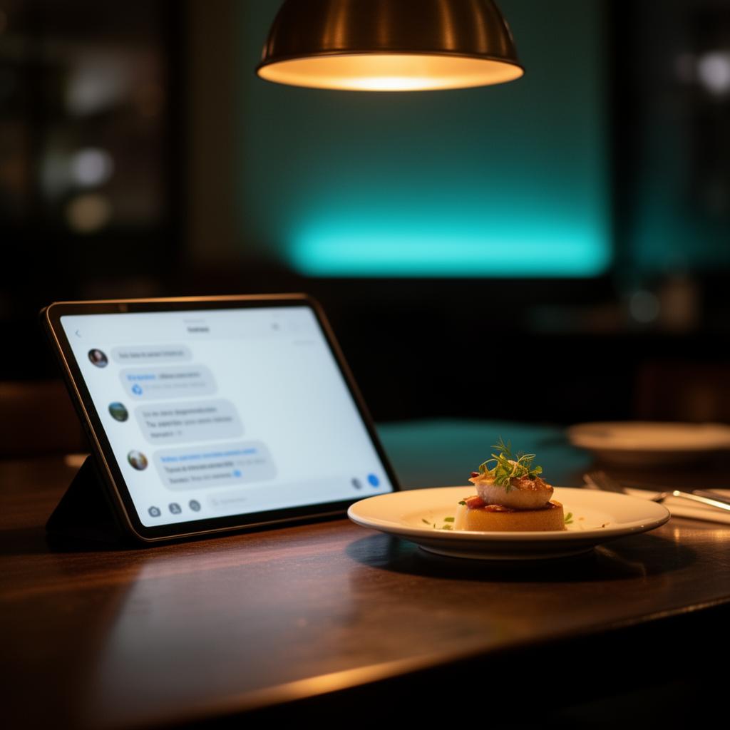 Tablet met blurred chat-interface naast voorgerecht op donkere tafel in warm cinematisch licht