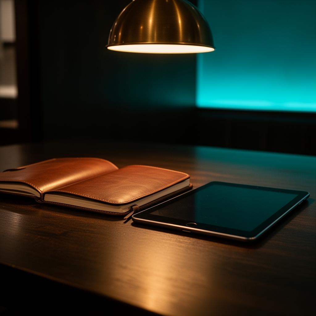 Multi-locatie restaurant manager bureau met dashboard tablet en notitieboek in cinematische sfeer