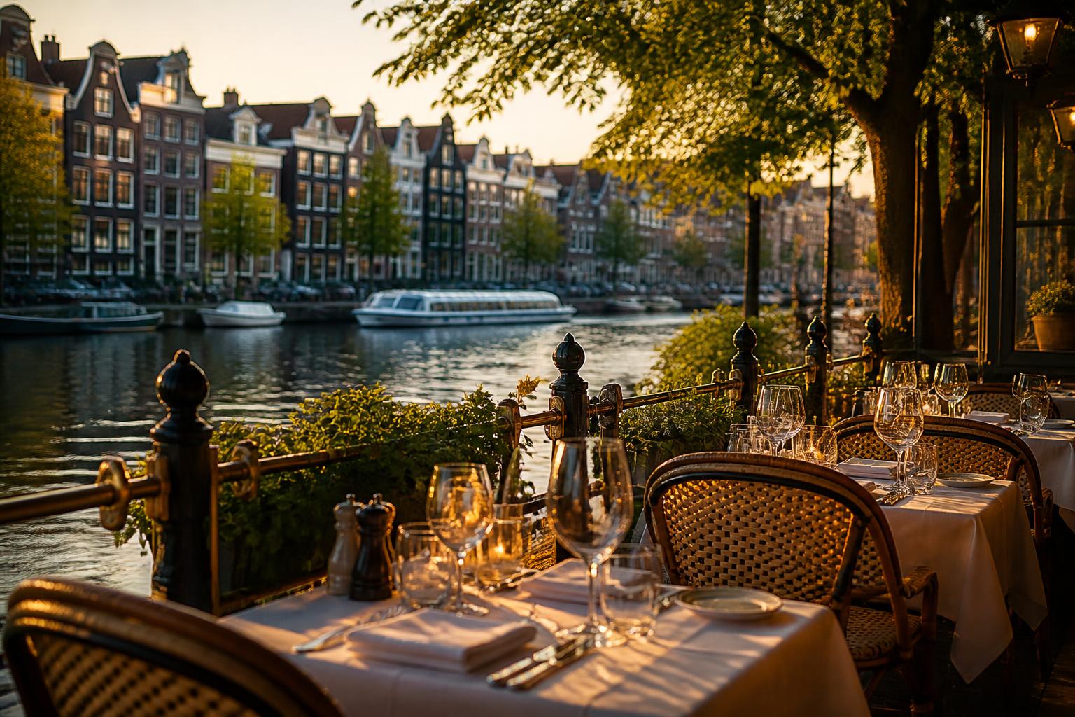 AI Nederlandse horeca 2026 Amsterdams grachtenpand terras bij zonsondergang met bistrotafels en wijnglazen, warme cinematische sfeer