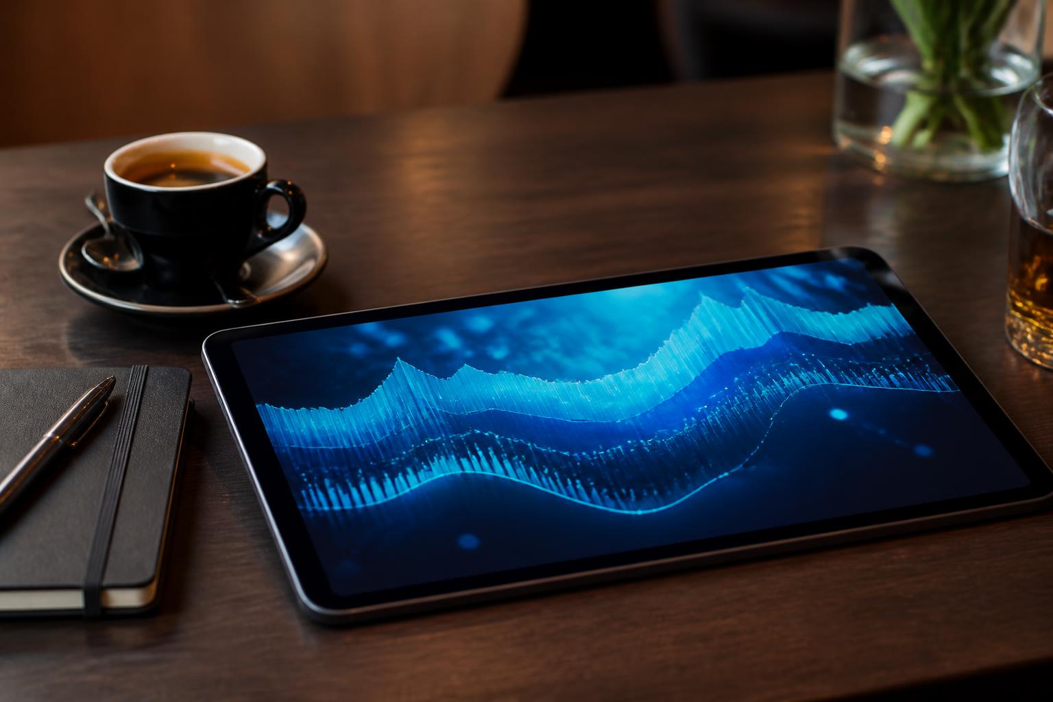 AI Nederlandse horeca 2026 tablet met abstracte data visualisatie in cyaan op donkere walnoot restauranttafel naast espressokopje