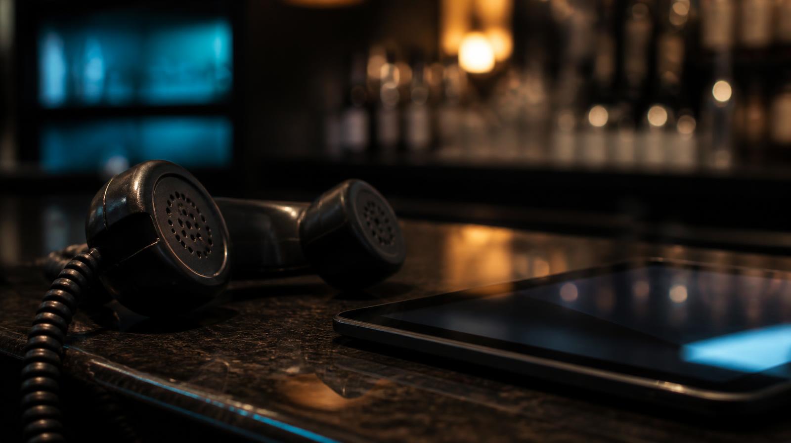 Omnichannel communicatie horeca closeup van telefoon en tablet op donkere bar in restaurant bij avondlicht