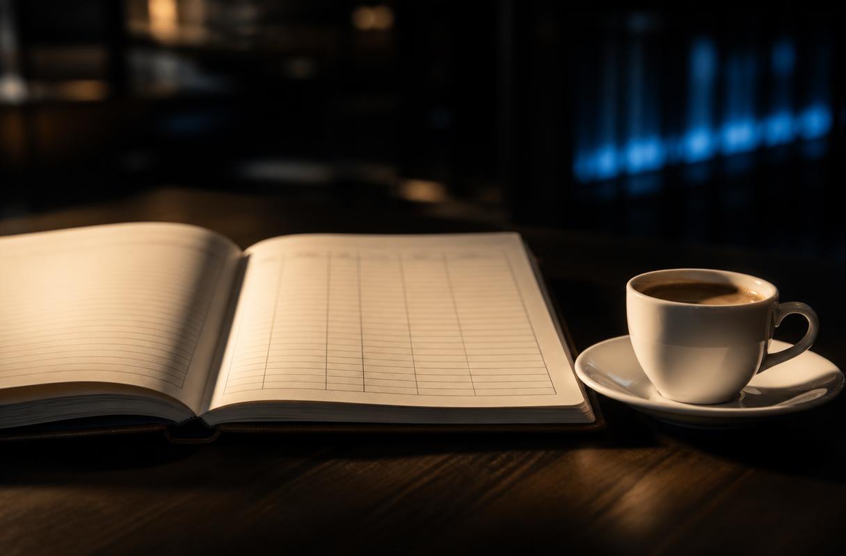 Omnichannel horeca closeup van reserveringsboek en espressokopje op donkere tafel in restaurant