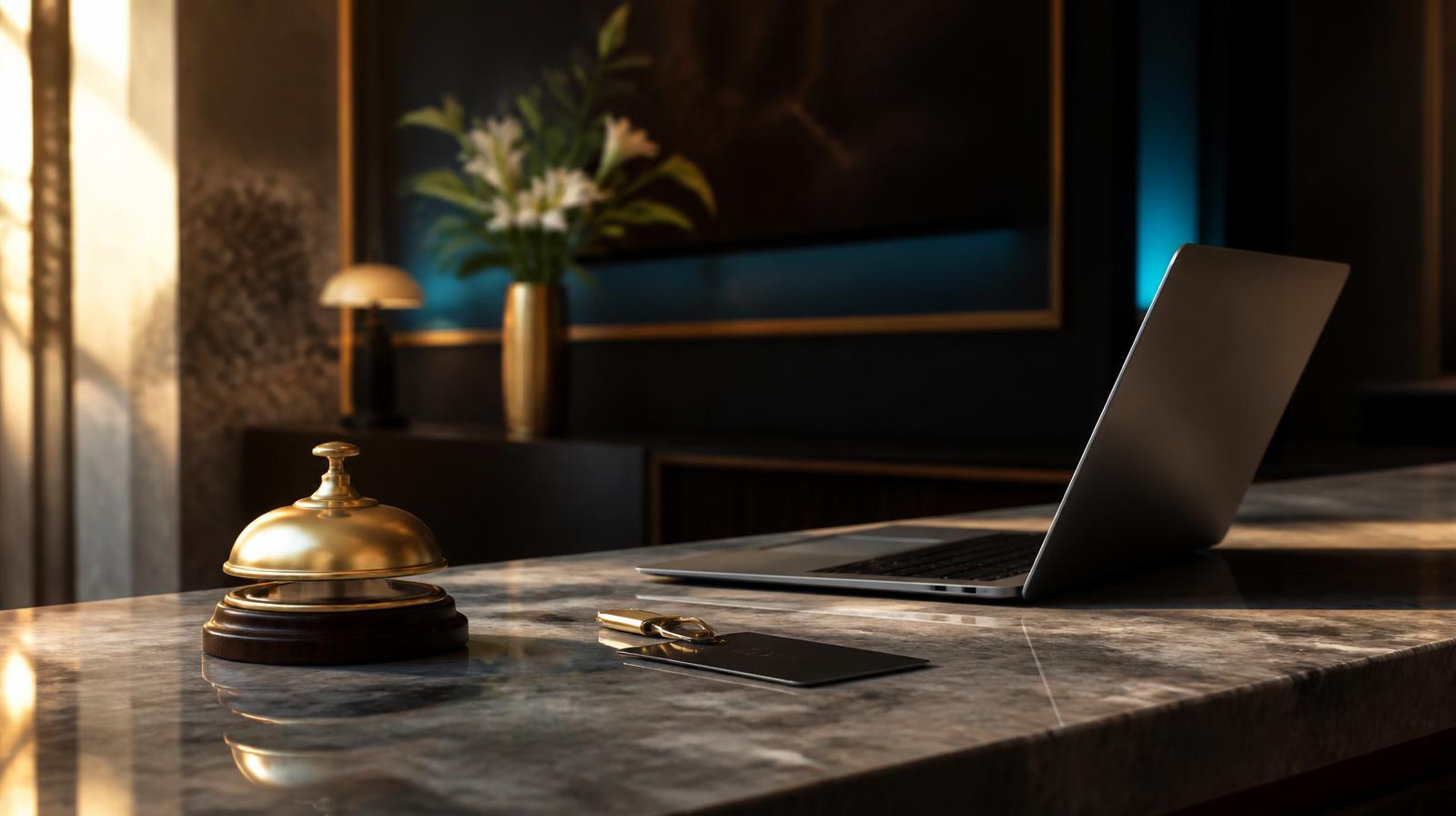 OTA strategie horeca closeup van hotelreceptiebalie met sleutelkaart en laptop in warm licht