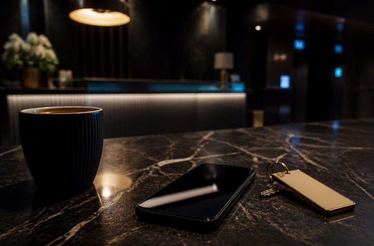 OTA strategie horeca closeup van smartphone en kamersleutel op donkere hotelbalie