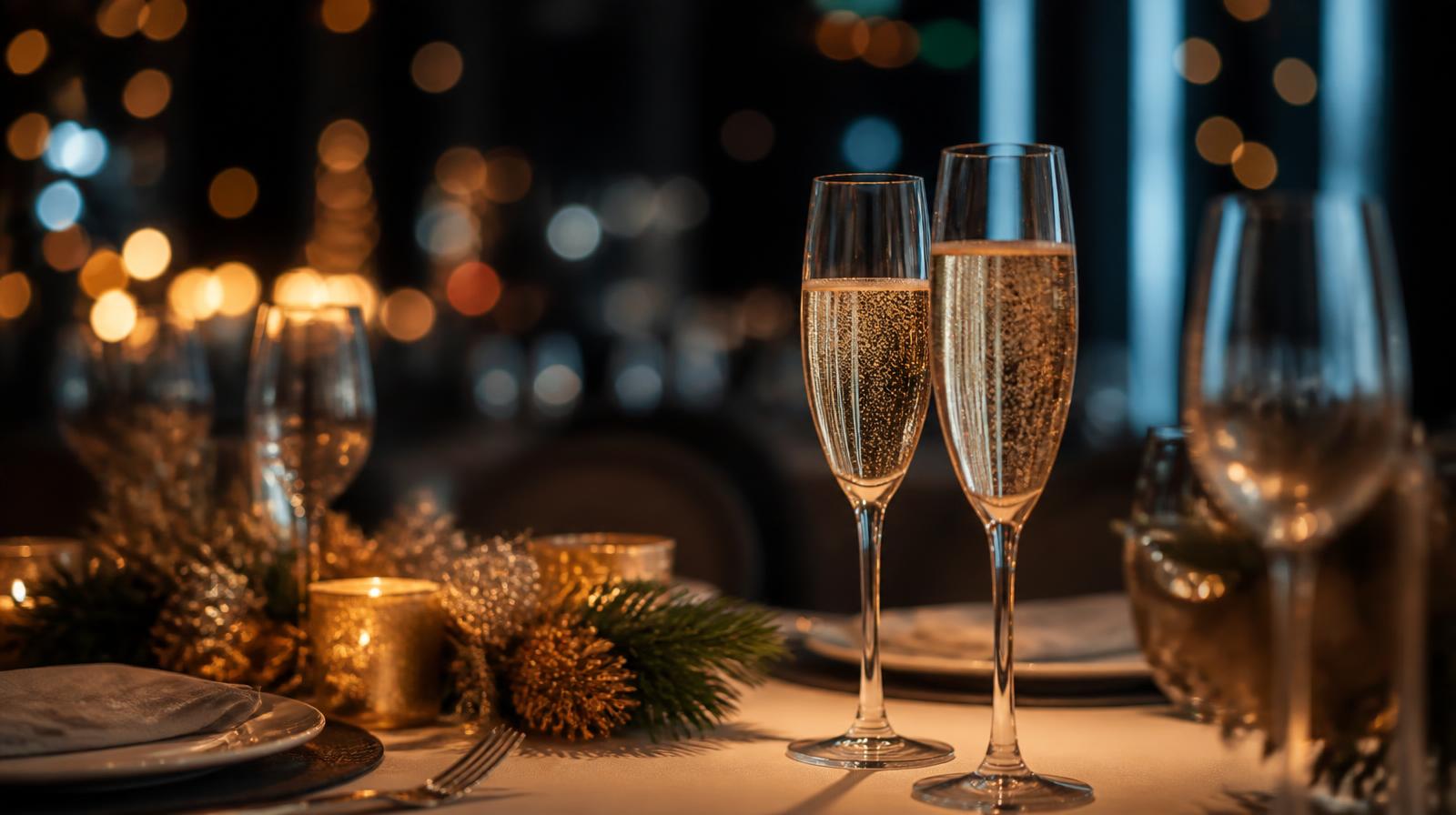 Jaarwisseling horeca closeup van champagneglazen en feestelijk gedekte tafel rond middernacht