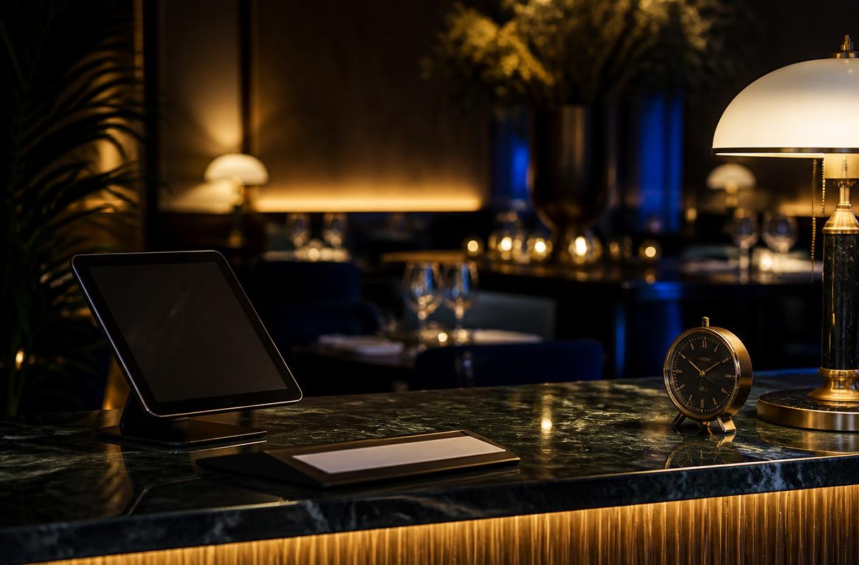 Jaarwisseling horeca closeup van reserveringsbalie met tablet en klok in warm licht