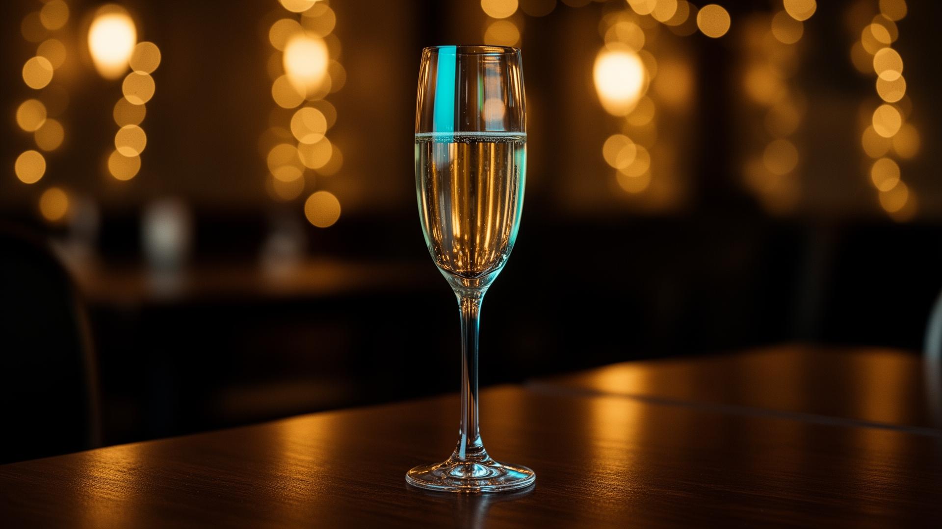 AI oud en nieuw horeca cinematic closeup van champagneglas op restauranttafel met warme lichten op achtergrond