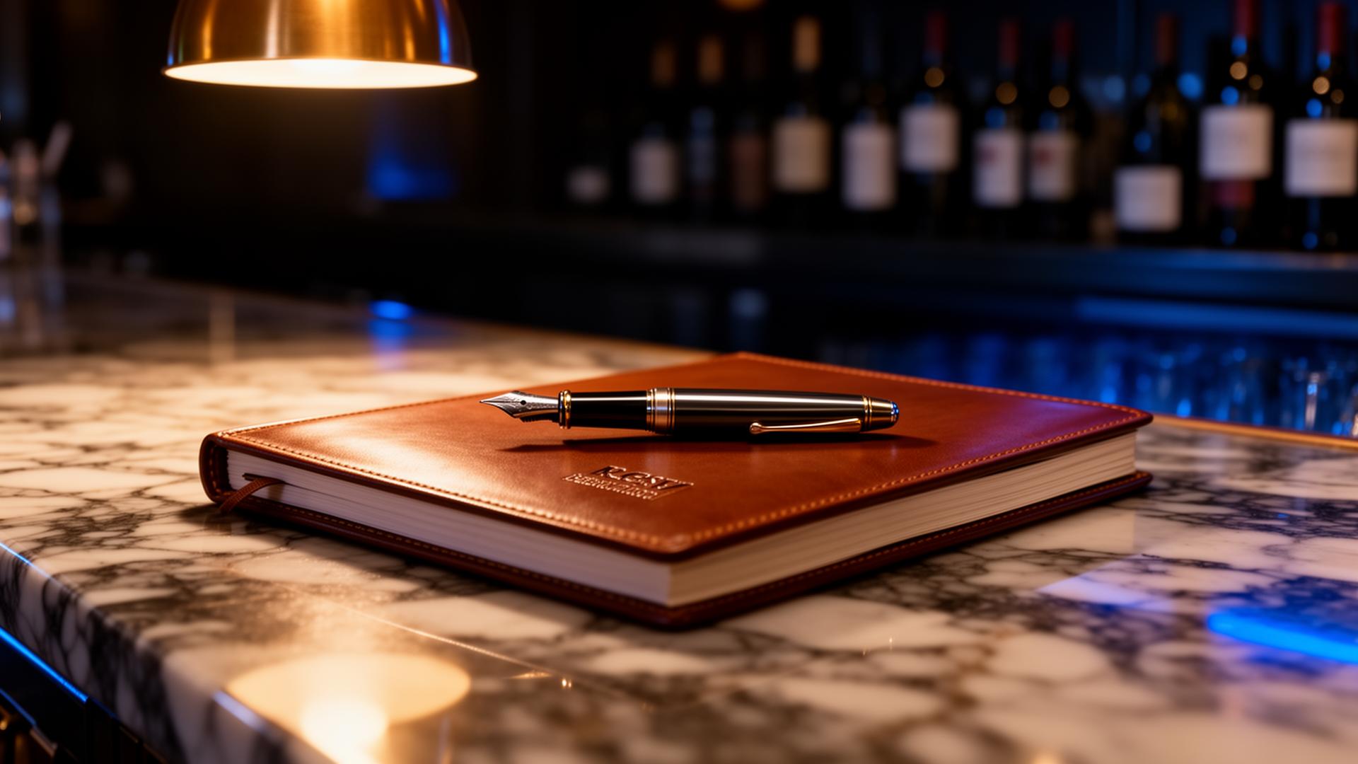 AI oud en nieuw horeca closeup van bestelboekje en pen op marmeren bar bij avondlicht