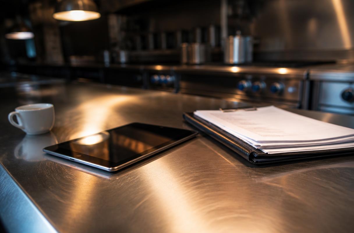 Partnercommunicatie horeca closeup van tablet en facturenmap op professionele keukenwerkbank