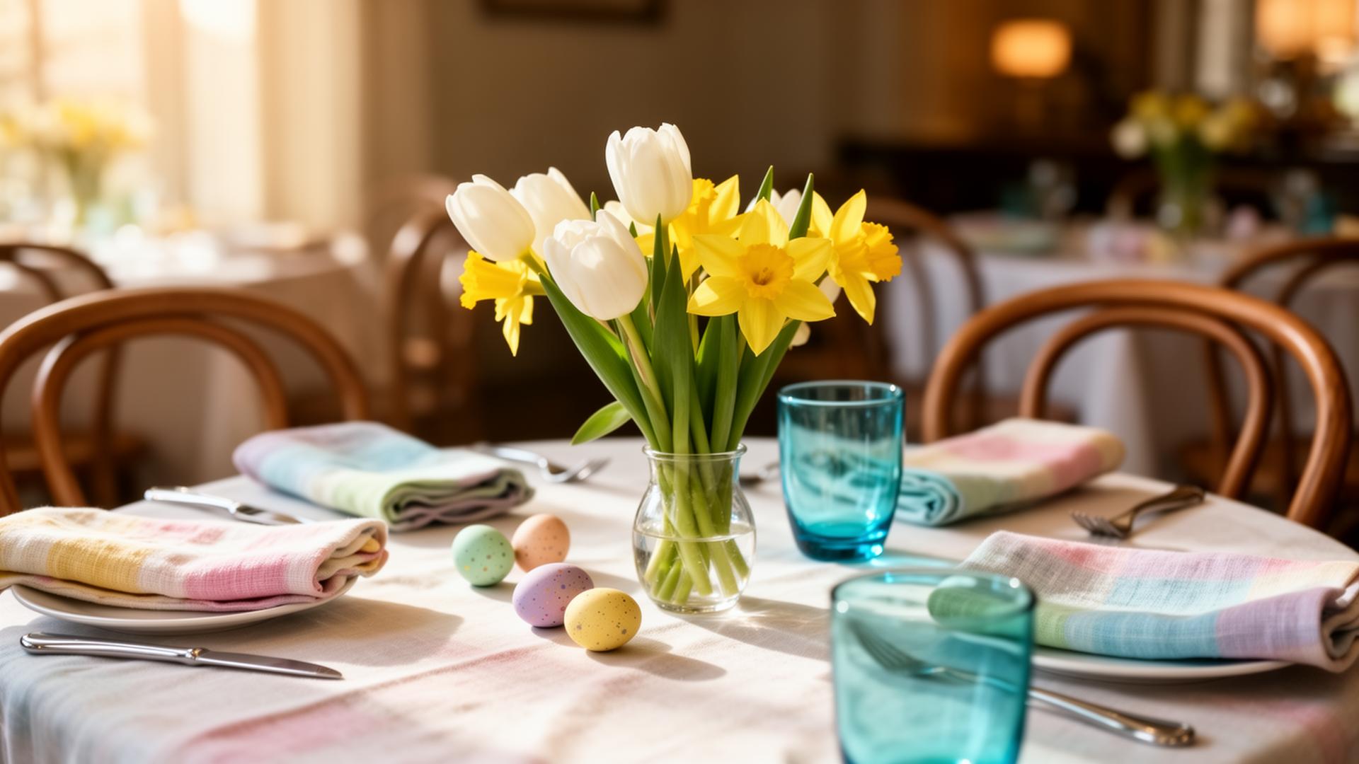 AI Pasen 2026 horeca campagne cinematic closeup van paasbrunch tafel met bloemen en eieren in restaurant