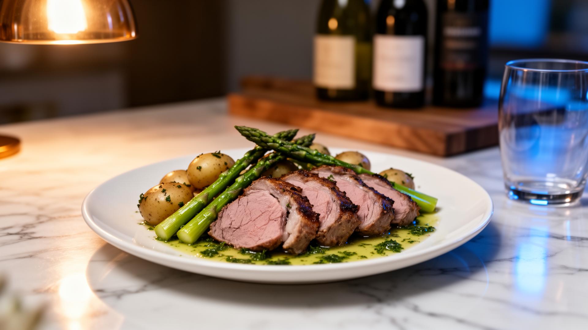 AI Pasen 2026 horeca campagne closeup van paasbuffet schaal met lamsvlees en groene asperges op marmer