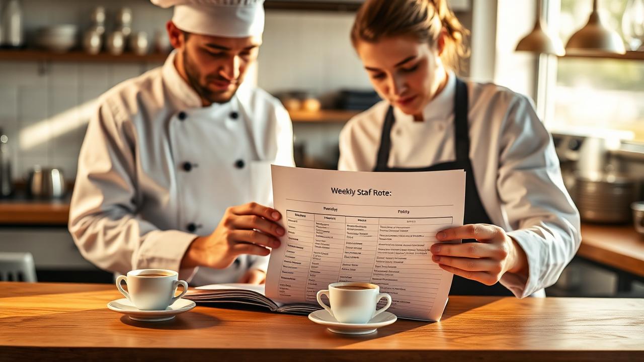 AI personeelsplanning horeca chef en floor manager bespreken weekrooster op warme houten toonbank met espressokopjes in ochtendlicht