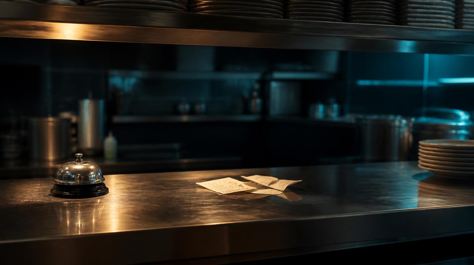 Personeelstekort horeca closeup van lege doorgeefbalie in restaurantkeuken met warm avondlicht
